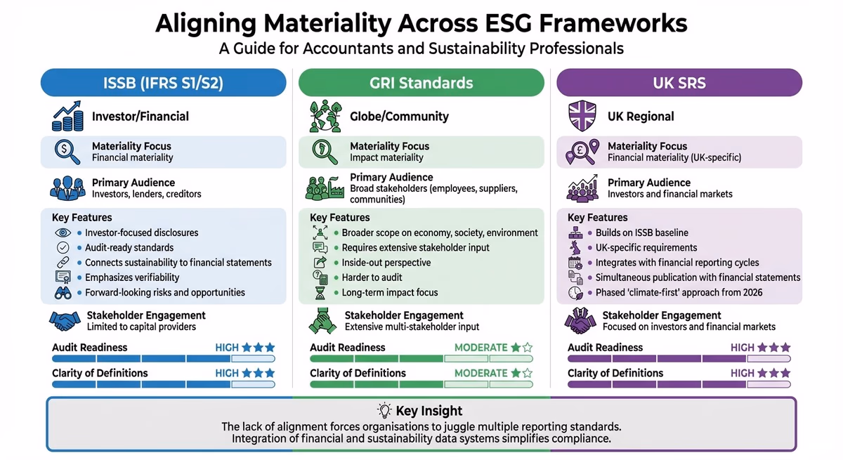 ESG Framework Comparison: ISSB vs GRI vs UK SRS Materiality Standards